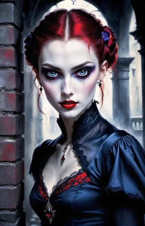 Masterpiece,half-body shot,an elegant 24-year-old vampire girl,realistic skin blemishes,mystique amidst the shadows,elegance and gothic allure,Ethereal beauty,slim body,perfect face,piercing eyes,red iris,aggressive,porcelain complexion,accentuated by eyes that gleam,outdoor,dark alley,dark mood,subtle smirk on her lips,pretty features,amazing beauty,Royo,Bak,from below,cinematic angle,