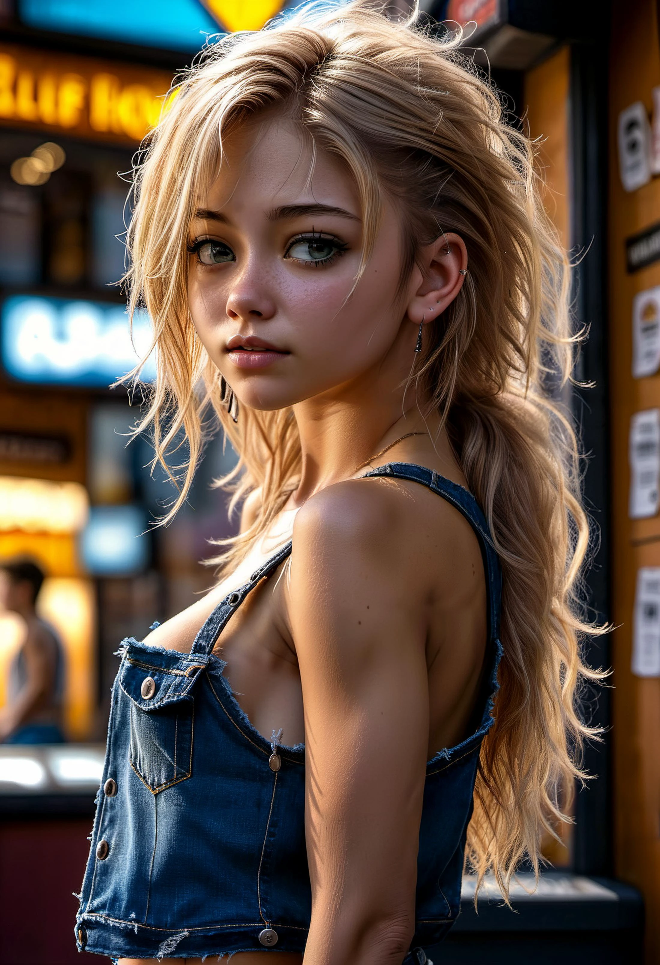 highly detailed, intricately detailed, 8k, HDR, vivid deep blacks, impactful, film grain, edgy, perfect face, sharp focus, (backlighting:1), photorealistic,
Closeup of a cute 22yo woman, torn jeans, blue tank top, alluring expression, messy shoulder-length soft blonde hair, shaved around ears on sides, standing at ticket window, impatient, slim attractive face, small eyes,
full body view,
<lora:MJ52:0.6>