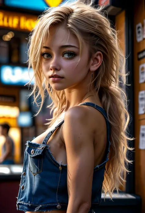 highly detailed, intricately detailed, 8k, HDR, vivid deep blacks, impactful, film grain, edgy, perfect face, sharp focus, (backlighting:1), photorealistic,
Closeup of a cute 22yo woman, torn jeans, blue tank top, alluring expression, messy shoulder-length soft blonde hair, shaved around ears on sides, standing at ticket window, impatient, slim attractive face, small eyes,
full body view,
<lora:MJ52:0.6>