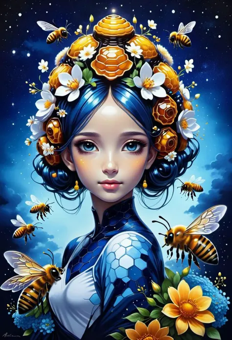 beautiful picture of a girl with vibrant flowers on her head, dark sky-blue and dark navy, dark sky-blue and dark white, realistic, photo effects, luminous shadowing, anime-inspired, elegant outlines, magic bees and beehives made of dvr-honey