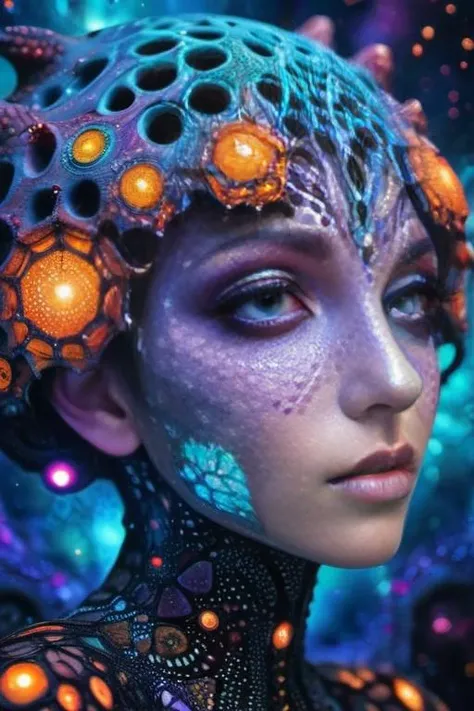 photography of a fairy, cute, creepy, (perfect face: 1.1), (incredible face: 1.2), intricate details, realism, colorful cyberpunk, glowing, nebula and fractal patterns in background <lora:EnvyTrypophobiaXL01:0.8> trypophobia