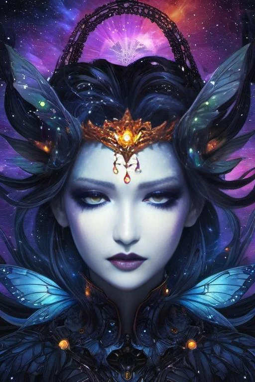 photography of a fairy, cute, creepy, (perfect face: 1.1), (incredible face: 1.2), intricate details, realism, colorful cyberpunk, glowing, nebula and fractal patterns in background <lora:EndSinger:0.8> Endsinger