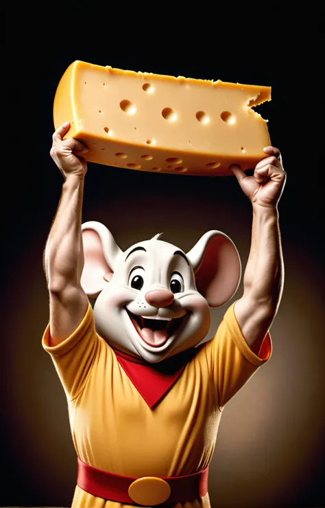 cinematic film still Mighty Mouse,cinematic reenactment,holding a large wedge of cheddar cheese above his head,flexing,smiling,, photographed using Kodak Motion Picture Film,32K,film grain . shallow depth of field, vignette, highly detailed, high budget, bokeh, cinemascope, moody, epic, gorgeous, film grain, grainy