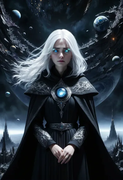 Horror-themed (masterpiece, best quality, ultra-detailed, best shadow),very high contrast,(best illumination),((earth and space)),((crowded detailed background:1.2)),1girl (white hair, silver eyes, sadness. cloaked, lifeless, dark clothes, corrupted),universe,divine,(mystic) symmetric,fractals,whole body,lifeless,tortured,cloaked,zoomed out,die,dark,, glow effects, godrays, Hand drawn, render, 8k, octane render, cinema 4d, blender, dark, atmospheric 4k ultra detailed, cinematic, Sharp focus, big depth of field, Masterpiece, colors, 3d octane render, 4k, concept art, trending on artstation, hyperrealistic, Vivid colors, extremely detailed CG unity 8k wallpaper, trending on CGSociety, Intricate, High Detail, dramatic . Eerie, unsettling, dark, spooky, suspenseful, grim, highly detailed