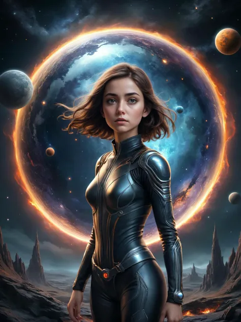 Space-themed create an award-winning photograph of a young woman exploring an original and unconventional theme that captivates and amazes the viewer. Push boundaries of traditional concepts,infusing the image with creativity and wonder,leaving a lasting impression on those who behold it.,absurdres,intricately detailed,32K,, glow effects, godrays, Hand drawn, render, 8k, octane render, cinema 4d, blender, dark, atmospheric 4k ultra detailed, cinematic, Sharp focus, big depth of field, Masterpiece, colors, 3d octane render, 4k, concept art, trending on artstation, hyperrealistic, Vivid colors, extremely detailed CG unity 8k wallpaper, trending on CGSociety, Intricate, High Detail, dramatic . Cosmic, celestial, stars, galaxies, nebulas, planets, science fiction, highly detailed