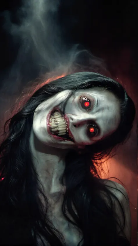 (misty, haze:2.0),(dimly lit:1.8), (translucent:1.4), (dark:1.6), (dark room:1.2), (chiaroscuro:1.8), shadow, (dark theme:1.2),cinematic still,(horror style:1.3), woman head with long black hair and a white ghostly face, wearing a creepy smile, (fading dark Red eyes:1.2), wide open , screaming expression, sharp fangs teethes, mood effect is eerie and unsettling,, absurdres, high sharp, ultra highres, high sharp, crystal clear, 4K, 8k, HD, UHD, super detail, absurdly detailed, highly detailed, best quality, high quality, Sharp