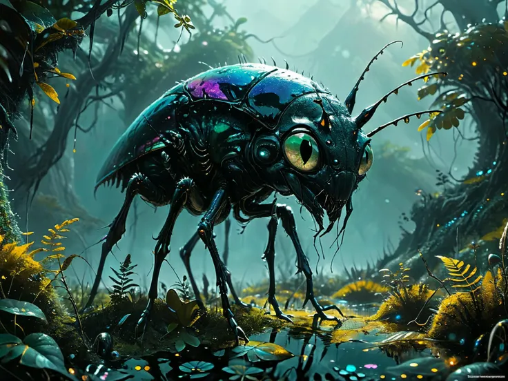 highly detailed, intricately detailed, 8k, HD, eternal night, dark of night, vivid deep blacks, impactful, dark and brooding atmosphere,

Scuttling out of the alien mists, amongst the thick glowing foliage, a creature with a shimmering iridescent carapace emerges, looking like a giant bug, its shining silver eyes taking in the landscape. Its hard shell makes it impervious to all predators, though its long spindly legs are its only weakness. Its mandibles are the real danger. They can snap the trunk of a tree in half with a single bite.

<lora:RMSDXL_Enhance:1>,
<lora:add-detail-xl:0.8>,
<lora:RMSDXL_Darkness_Cinema:1>
<lora:MJ52:0.6>
<lora:The_Dark_Side_of_the_Earth:0.8>