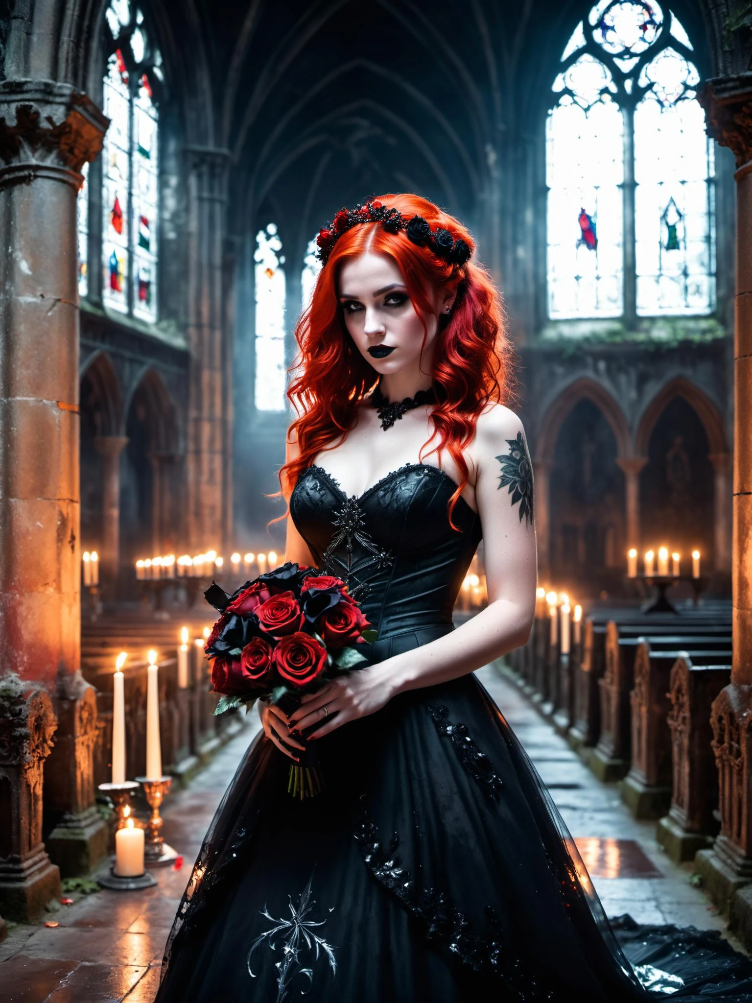Horror-themed a 25 year old emo woman bride holding a bouquet of decaying black roses,black goth style wedding dress,walking down the aisle in an ancient abandoned cathedral,stain glass windows in the background,candle lit,red hair,(highly detailed skin),perfect face,skin pores,(bokeh:0.6),sharp focus,dappled lighting,(backlighting:0.7),film grain,photographed on a Sony A7R IV,18mm F/1.7 cine lens,(highly detailed, intricately detailed),8k,HDR,front view,(full body visible:1.2) . award-winning,professional,highly detailed,<lora:xl_more_art-full_v1:0.5>,, glow effects, godrays, Hand drawn, render, 8k, octane render, cinema 4d, blender, dark, atmospheric 4k ultra detailed, cinematic, Sharp focus, big depth of field, Masterpiece, colors, 3d octane render, 4k, concept art, trending on artstation, hyperrealistic, Vivid colors, extremely detailed CG unity 8k wallpaper, trending on CGSociety, Intricate, High Detail, dramatic . Eerie, unsettling, dark, spooky, suspenseful, grim, highly detailed