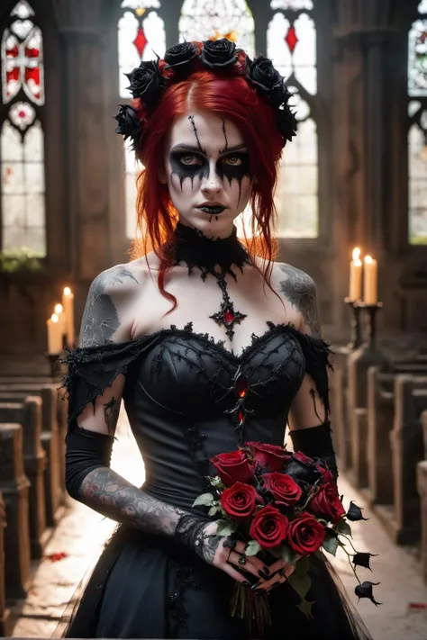 Horror-themed close up on face,bloody,evil,a 25 year old emo woman bride,holding a bouquet of decaying black roses with both hands,black goth style wedding dress,walking down the aisle in an ancient abandoned cathedral,stain glass windows in the background,candle lit,red hair,(highly detailed skin),perfect face,skin pores,(bokeh:0.6),sharp focus,dappled lighting,(backlighting:0.7),colored lighting from the stained glass,air particles,god rays,film grain,photographed on a Sony A7R IV,18mm F/1.7 cine lens,(highly detailed, intricately detailed),8k,HDR,front view,(full body visible:1.2) . award-winning,professional,highly detailed, . Eerie, unsettling, dark, spooky, suspenseful, grim, highly detailed