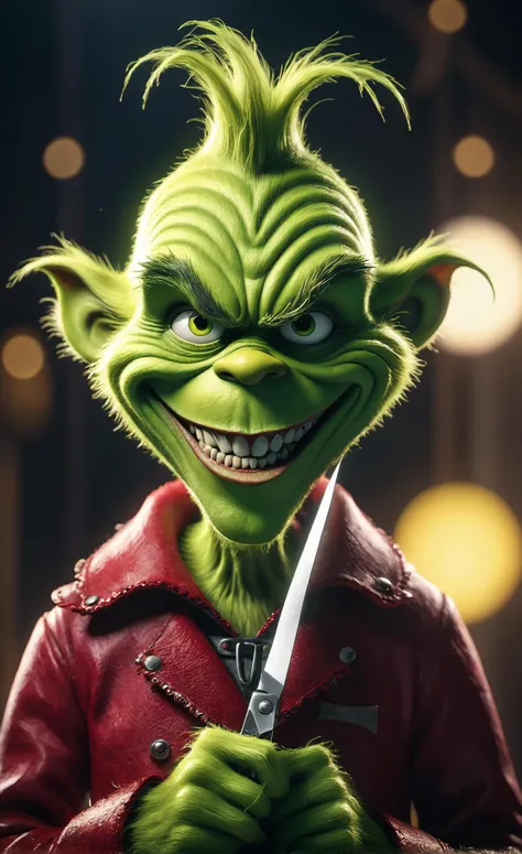 Horror-themed the Grinch holding giant scissors,evil smile,(headshot:1.4),(facing the camera:1.2),(facing straightforward:1.2),(forward facing:1.1),bokeh,photorealistic,raw,8k,intricate details,dramatic light,award winning,RAW photography,film grain,(indistinguishable from reality:1.4),photo taken with a Bolex H16,glow effects,godrays,Hand drawn,render,8k,octane render,cinema 4d,blender,dark,atmospheric 8k ultra detailed,cinematic,Sharp focus,big depth of field,Masterpiece,3d octane render,8k,concept art,trending on artstation,hyperrealistic,extremely detailed CG unity 8k wallpaper,trending on CGSociety,Intricate,High Detail,dramatic . Eerie,unsettling,dark,spooky,suspenseful,grim,highly detailed,