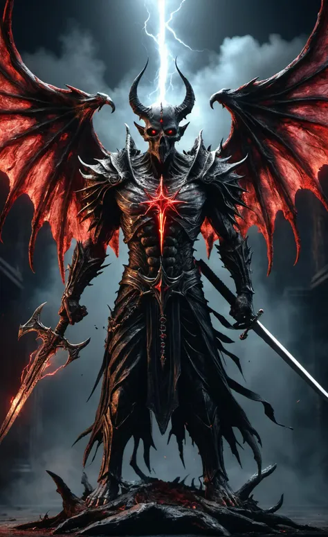 Horror-themed realistic photo of a evil demon with rotting angel wings and holding a broadsword,glowing red pentagram burns like lava on his chest piece,unreal engine 5 quality render cinematic lighting 8k resolution concept art by giger trending on cgsociety,dramatic light,hdr,vivid color scheme,cyberpunk,neon noir style,sci-fi atmosphere,hyper realism,octane,god rays,volumetric,golden ratio,cool 4d,retrowave,in the year 2021,award winning masterpiece,depth,deep focus,black metal,true to life,natural skin,high detailed body,very detailed scene,shadows,detailed background,highly detailed skin,accurate to life,living image,amazingly lifelike .,glow effects,godrays,Hand drawn,render,8k,octane render,cinema 4d,blender,dark,atmospheric 4k ultra detailed,cinematic,Sharp focus,big depth of field,Masterpiece,colors,3d octane render,4k,concept art,trending on artstation,hyperrealistic,Eerie,unsettling,dark,spooky,suspenseful,grim,highly detailed,