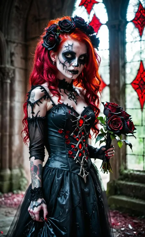 Horror-themed horror,close up on face,bloody,evil,a 25 year old emo woman bride holding a bouquet of decaying black roses,black goth style wedding dress,walking down the aisle in an ancient abandoned cathedral,stain glass windows in the background,candle lit,red hair,(highly detailed skin),perfect face,black eyes,skin pores,(bokeh:0.6),sharp focus,dappled lighting,(backlighting:0.7),film grain,photographed on a Sony A7R IV,18mm F/1.7 cine lens,(highly detailed, intricately detailed),8k,HDR,front view,(full body visible:1.2) . award-winning,professional,highly detailed,<lora:xl_more_art-full_v1:0.5>,. Eerie,unsettling,dark,spooky,suspenseful,grim,highly detailed,