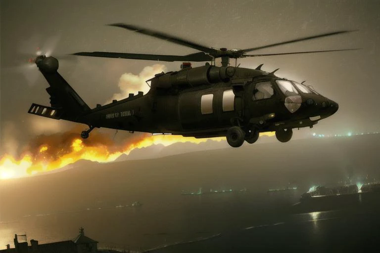 analog gloomy aerial photo of a (Black Hawk helicopter, <lora:bl4ckh4wk:1>), ((nighttime)), (flying over Mogadishu (on fire) at night), (explosions on the ground), barricades, tracer gunfire, tracer gunfire, High Detail, Sharp focus, (photorealism), realistic, best quality, 8k, award winning, dramatic lighting, epic, cinematic, masterpiece, rim light, (action ), war, depth of field, dutch angle,
