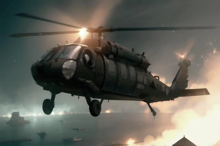 analog gloomy aerial photo of a (Black Hawk helicopter, <lora:bl4ckh4wk:1>), ((nighttime)), (flying over Mogadishu (on fire) at night), (explosions on the ground), barricades, tracer gunfire, tracer gunfire, High Detail, Sharp focus, (photorealism), realistic, best quality, 8k, award winning, dramatic lighting, epic, cinematic, masterpiece, rim light, (action ), war, depth of field, dutch angle,