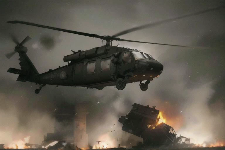 analog gloomy aerial photo of a (Black Hawk helicopter, <lora:bl4ckh4wk:1>), ((nighttime)), (flying over Mogadishu (on fire) at night), (explosions on the ground), barricades, tracer gunfire, tracer gunfire, High Detail, Sharp focus, (photorealism), realistic, best quality, 8k, award winning, dramatic lighting, epic, cinematic, masterpiece, rim light, (action movie), war,  depth of field, dutch angle,