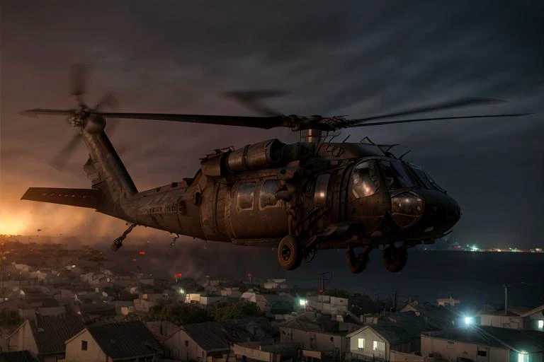 analog gloomy aerial photo of a (Black Hawk helicopter, <lora:bl4ckh4wk:1>), ((nighttime)), (flying over Mogadishu (on fire) at night), (explosions on the ground), barricades, tracer gunfire, tracer gunfire, High Detail, Sharp focus, (photorealism), realistic, best quality, 8k, award winning, dramatic lighting, epic, cinematic, masterpiece, rim light, (action movie), war, depth of field, dutch angle,