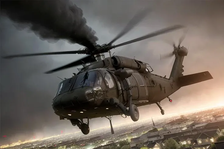 analog gloomy aerial photo of a (Black Hawk helicopter, <lora:bl4ckh4wk:1>), ((nighttime)), (flying low through a city on fire), (explosions on the ground), tracer rounds, tracer gunfire, High Detail, Sharp focus, (photorealism), realistic, best quality, 8k, award winning, dramatic lighting, epic, cinematic, masterpiece, rim light, (action movie), war, depth of field, dutch angle,
