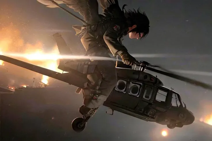 analog gloomy aerial photo of a (Black Hawk helicopter, <lora:bl4ckh4wk:1>), ((nighttime)), (flying over Mogadishu (on fire) at night), (explosions on the ground), barricades, tracer gunfire, tracer gunfire, High Detail, Sharp focus, (photorealism), realistic, best quality, 8k, award winning, dramatic lighting, epic, cinematic, masterpiece, rim light, (action movie), war, depth of field, dutch angle,