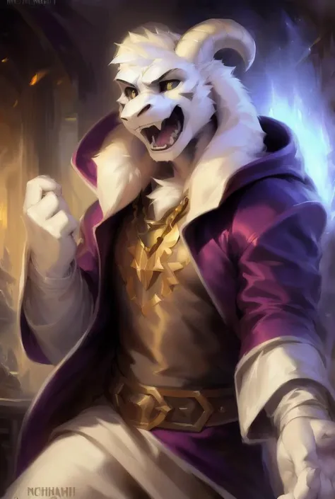 1boy,(( <lora:asriel-30:0.3>, <lora:asriel-20:0.2>, <lora:God asriel-09:0.8>)), (fluffy), god of hyperdeath, ((by Michael & Inessa Garmash,Ruan Jia, Pino Daeni, chunie, darkgem)), ((asrielxdreemurr character)), purple robe, horns, (best quality, ultra-detailed, best illustration, masterpiece, high res, professional artwork, famous artwork), realistic paint, black eyes, white fur, detailed realistic painting, male, (detailed white fur), asriel, portrait, detailed hands, shaded, four fingers, insane details, looking forward, (angry, open mouth, fangs), fight, clothed