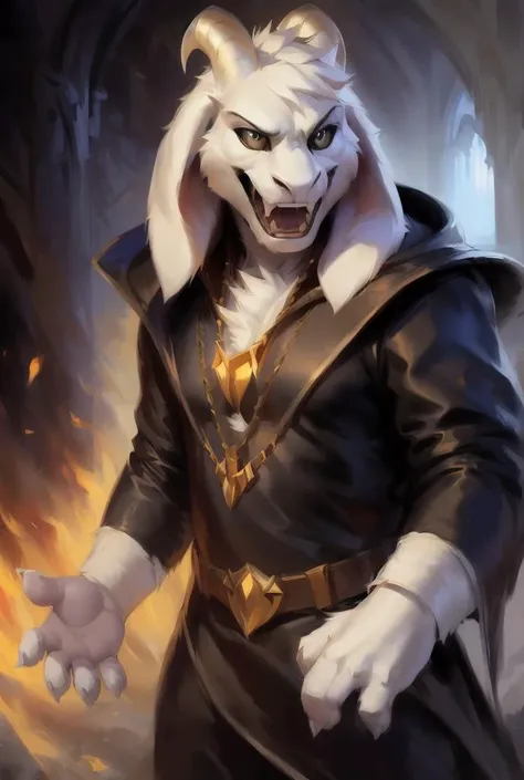 1boy,(( <lora:asriel-30:0.3>, <lora:asriel-20:0.2>, <lora:God asriel-09:0.7>)), (fluffy), god of hyperdeath, ((by Michael & Inessa Garmash,Ruan Jia, Pino Daeni, chunie, darkgem)), ((asrielxdreemurr character)), black robe, horns, (best quality, ultra-detailed, best illustration, masterpiece, high res, professional artwork, famous artwork), realistic paint, black eyes, white fur, detailed realistic painting, male, (detailed white fur), asriel, portrait, detailed hands, shaded, four fingers, insane details, looking forward, (angry, open mouth, fangs), fight