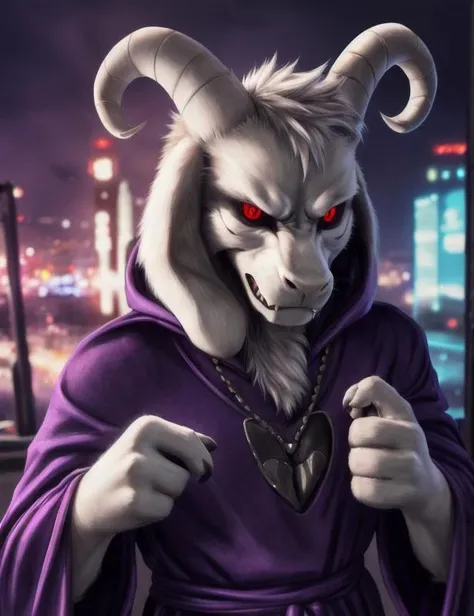 1boy, (( <lora:asriel-30:0.3>, <lora:asriel-20:0.2>, <lora:God asriel-09:0.4>, )), (fluffy), god of hyperdeath, (asriel dreemurr ( purple robe, horns, solo, male) and (black sclera, red shine eyes) and (insane detailed white fur, angry, fangs), (pose:1.3), (posing:1.3))<lora:asrielV2-07:0.6>, <lora:Furtastic_Detailer:0.5>, (high detail, film photography, soft focus, soft shading, photorealism, realistic, photorealistic, analog style, subsurface scattering, masterpiece, best quality, ultra realistic, 8k), <lora:locon_perfecteyes_v1_from_v1_64_32:1>, portrait, night, light, neon city, four finger