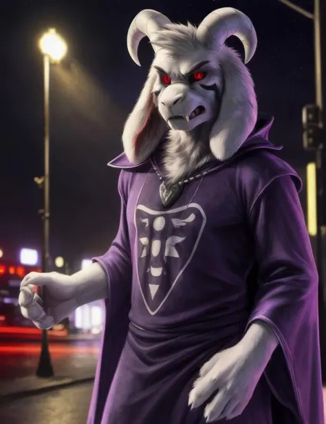 1boy, (( <lora:asriel-30:0.3>, <lora:asriel-20:0.2>, <lora:God asriel-09:0.4>, )), (fluffy), god of hyperdeath, (asriel dreemurr ( purple robe, horns, solo, male) and (black sclera, red shine eyes) and (insane detailed white fur, angry, fangs), (pose:1.3), (posing:1.3))<lora:asrielV2-07:0.6>, <lora:Furtastic_Detailer:0.5>, (high detail, film photography, soft focus, soft shading, photorealism, realistic, photorealistic, analog style, subsurface scattering, masterpiece, best quality, ultra realistic, 8k), <lora:locon_perfecteyes_v1_from_v1_64_32:0.3>, portrait, night, light, neon city, four finger, cute