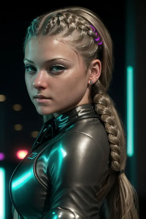 tiffanyteen, wearing a cyberpunk outfit, tight braided hair, (looking at camera:1.2), over shoulder, ultra realistic, medium shot, cinematic lighting, highly detailed, <lyco:tiffanyteen_v1:1.0>