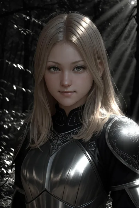 tiffanyteen, long blonde hair, slight smile, highly detailed bright eyes, looking at camera, medium shot, wearing black armor, intricately etched designs, in a forest, (volumetric atmosphere:1.2), particulates, crepuscular rays, natural lighting, highly detailed, realistic, <lyco:tiffanyteen_v1:1.15>
