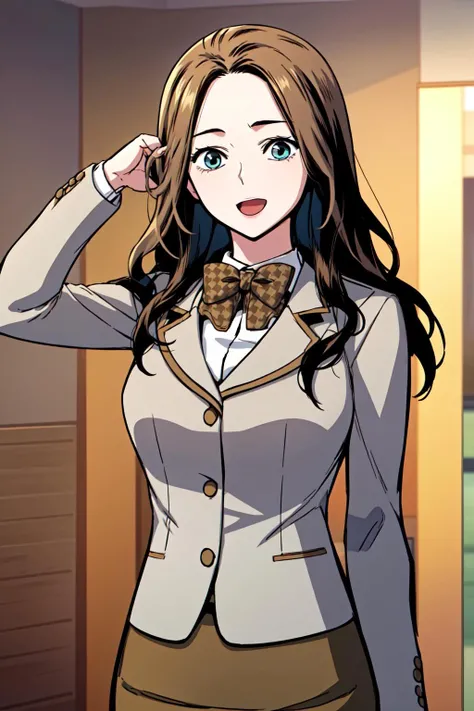 masterpiece, best quality, absurdres, perfect anatomy, beautiful background, beautiful face, beautiful eyes, beautiful body, upper body, happy, shinyuna, 1girl, solo, long hair, blue eyes, skirt, brown hair, shirt, black hair, long sleeves, bow, jacket, collared shirt, bowtie, pencil skirt, brown skirt, grey jacket, brown bow, brown bowtie, Standing with one hand behind the head, <lora:ShinYuna:0.85>