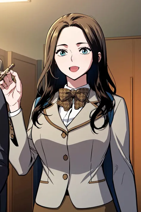 masterpiece, best quality, absurdres, perfect anatomy, beautiful background, beautiful face, beautiful eyes, beautiful body, upper body, happy, shinyuna, 1girl, solo, long hair, blue eyes, skirt, brown hair, shirt, black hair, long sleeves, bow, jacket, collared shirt, bowtie, pencil skirt, brown skirt, grey jacket, brown bow, brown bowtie, Pretending to hit a baseball, <lora:ShinYuna:0.85>
