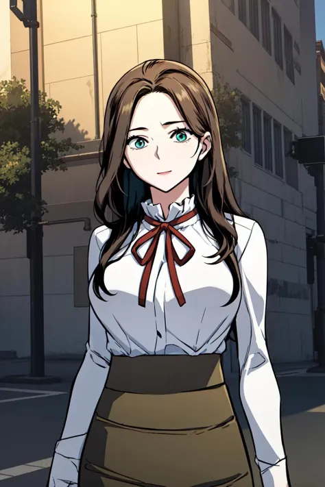 masterpiece, best quality, absurdres, perfect anatomy, beautiful background, beautiful face, beautiful eyes, beautiful body, upper body, happy, shinyuna, 1girl, solo, long hair, blue eyes, skirt, large breasts, brown hair, shirt, long sleeves, ribbon, white shirt, dark blue ribbon, neck ribbon, waist pencil skirt, dark green skirt, Leaning against an invisible car, <lora:ShinYuna:0.85>