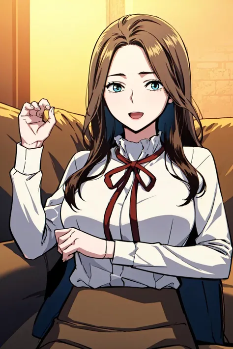 masterpiece, best quality, absurdres, perfect anatomy, beautiful background, beautiful face, beautiful eyes, beautiful body, upper body, happy, shinyuna, 1girl, solo, long hair, blue eyes, skirt, large breasts, brown hair, shirt, long sleeves, ribbon, white shirt, red ribbon, plaid, neck ribbon, plaid skirt, brown skirt, Lying with one arm draped over eyes, <lora:ShinYuna:0.85>
