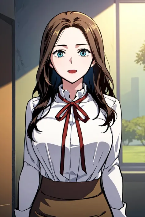 masterpiece, best quality, absurdres, perfect anatomy, beautiful background, beautiful face, beautiful eyes, beautiful body, upper body, happy, shinyuna, 1girl, solo, long hair, blue eyes, skirt, large breasts, brown hair, shirt, long sleeves, ribbon, white shirt, red ribbon, plaid, neck ribbon, plaid skirt, brown skirt, Leaning on an invisible window <lora:ShinYuna:0.85>