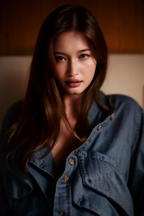 Closeup, A 20 yo woman, dark theme, soothing tones, muted colors, jacket, jeans, fashion, high contrast, (natural skin texture, hyperrealism, soft light, sharp), upper body, <lora:MoosMST4:1> <lora:StellaCardo-01:1>