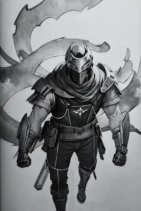 A drawing of a man with a sword in his hand, old Sketch, torchlight. Sketch, a human male paladin, concept art of a warrior, conceptual character, character design Sketch, concept art Sketch, male paladin, Heavy contours, Anthro concept art, fighter pose, Conceptual armor, overwatch fatal fist, thick armor, detailed Sketch, heavy linear