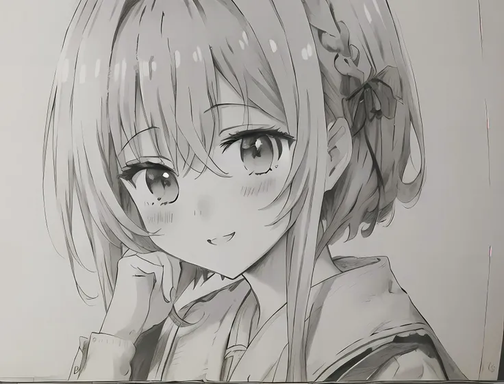 ((masterpiece:1.4 ,best quality)), highres, high definition, high quality, detailed, fine hair texture, intricate detail, anime, <lora:handdrawn:1>, 1girl, (greyscale:1.5), white background, hand drawn, monochrome, drawing, pencil drawing, smile, blush, short hair, looking at viewer, aged down, school uniform, shot on a smartphone