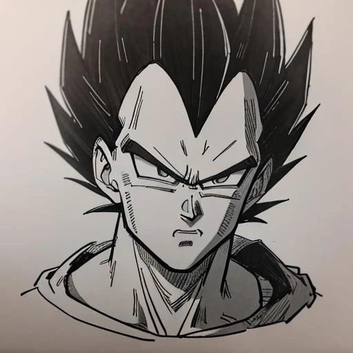 masterpiece, best quality, solo, male focus, vegeta, serious, looking at viewer, black spiked hair, black eyes, detailed face, monochrome, hand_drawn, <lora:dbz_vegeta:0.8>, <lora:Greyscale:0.8>