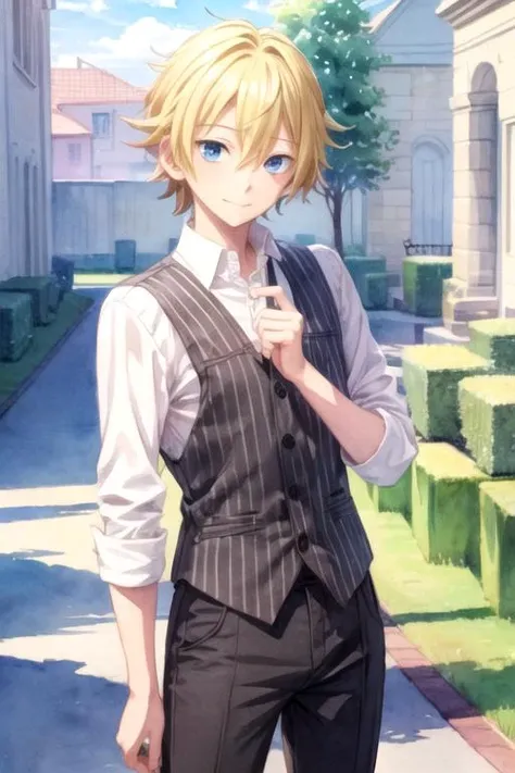 masterpiece, best quality, sketch, 1boy, solo, male focus, looking at viewer, , , (watercolor illustration, soft pastel colors:1.1), , <lora:shinichi_katori:0.66>, shinichi_katori, blonde hair, blue eyes, scarecrow costume, The Tower of Destiny,