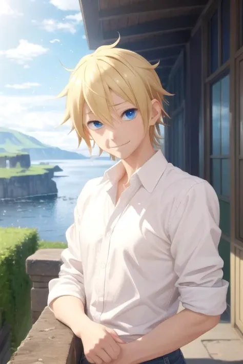 masterpiece, best quality, illustration, 1boy, solo, male focus, looking at viewer, upper body, , , , <lora:shinichi_katori:0.68>, shinichi_katori, blonde hair, blue eyes, , The Isle of Doom,