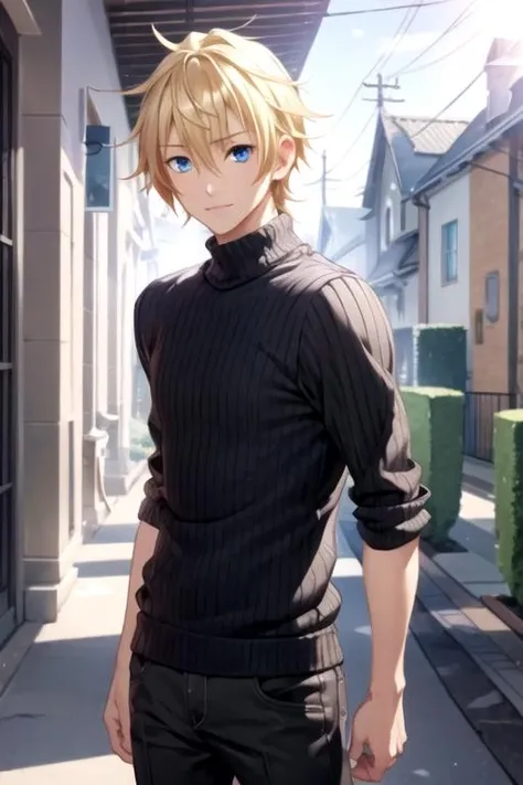masterpiece, best quality, game cg, 1boy, solo, male focus, looking at viewer, , , anime coloring, realistic, <lora:shinichi_katori:0.66>, shinichi_katori, blonde hair, blue eyes, jumper, , island, HDR