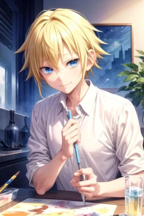 masterpiece, best quality, illustration, 1boy, solo, male focus, looking at viewer, upper body, depth of field, (watercolor illustration, soft pastel colors:1.1), , <lora:shinichi_katori:0.70>, shinichi_katori, blonde hair, blue eyes, , , science fiction soft science fiction, HDR