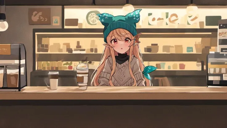 <lora:Pomu_Rainpuff_SDXL:1>, pomu rainpuff, beanie, sweater, in a coffee shop, standing at the counter