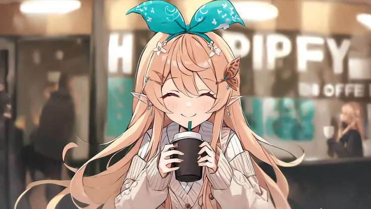 <lora:Pomu_Rainpuff_SDXL:1>, pomu rainpuff, solo, sweater, skirt, drinking a cup of coffee, happy, smile