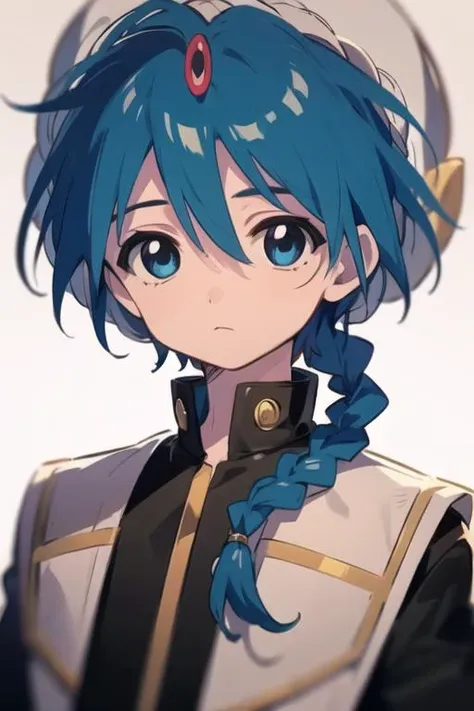 masterpiece, best quality, high quality, 1boy, solo, male focus, looking at viewer, upper body, <lora:aladdin_magi:0.78>, aladdin_magi, blue hair, braid, long hair, blue eyes, jewelry, , turban, gakuran