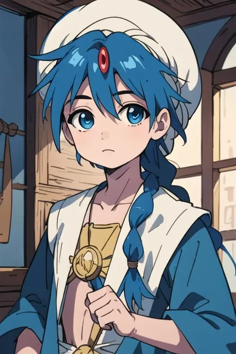 masterpiece, best quality, high quality, 1boy, solo, male focus, looking at viewer, upper body, <lora:aladdin_magi:0.72>, aladdin_magi, blue hair, braid, long hair, blue eyes, jewelry, single braid, hat,