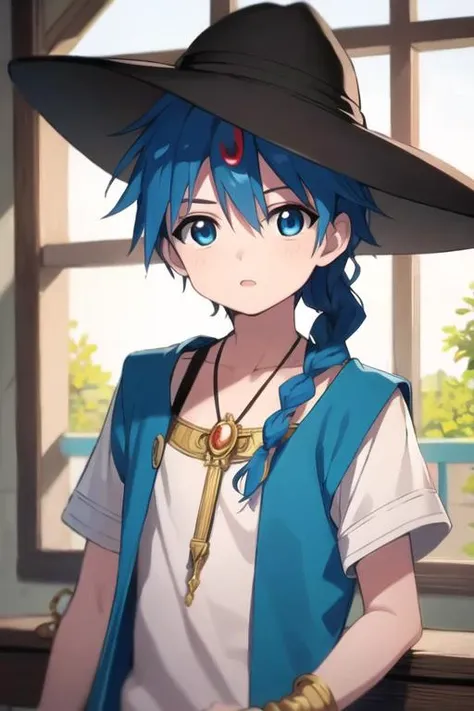 masterpiece, best quality, high quality, 1boy, solo, male focus, looking at viewer, upper body, <lora:aladdin_magi:0.70>, aladdin_magi, blue hair, braid, long hair, blue eyes, jewelry, single braid, hat,