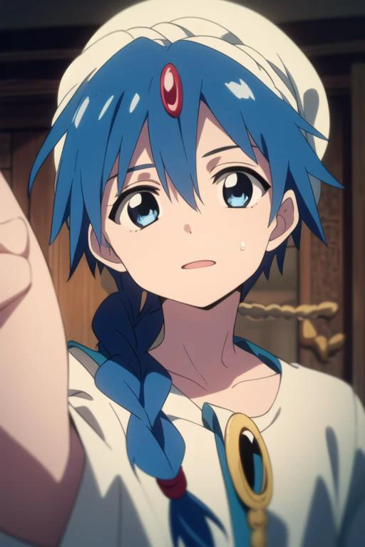masterpiece, best quality, high quality, 1boy, solo, male focus, looking at viewer, upper body, <lora:aladdin_magi:0.72>, aladdin_magi, blue hair, braid, long hair, blue eyes, jewelry, single braid, hat,