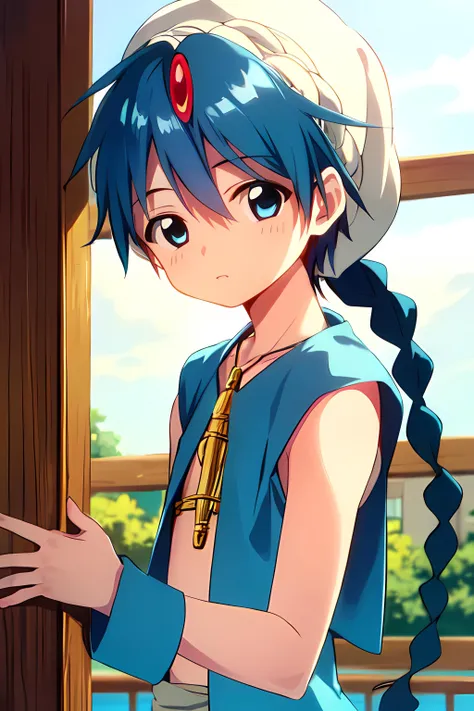 masterpiece, best quality, high quality, 1boy, solo, male focus, looking at viewer, upper body, <lora:aladdin_magi:0.9>, aladdin_magi, blue hair, braid, long hair, blue eyes, jewelry, single braid, turban