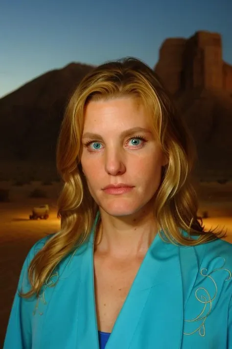 5kyl4r, close-up portrait, facial focus, stunning eyes, beautiful face, long blonde hair, in the desert at night, turquoise robe