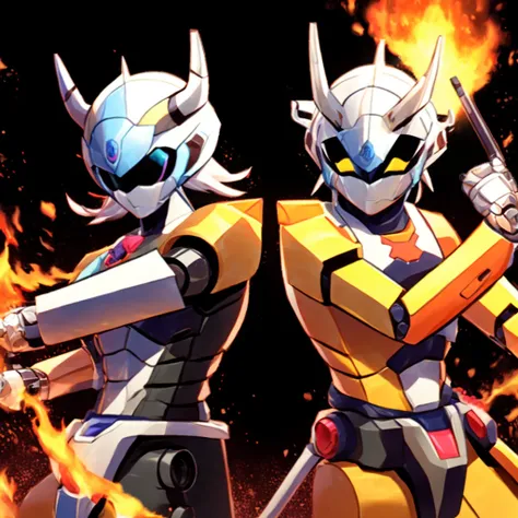 (robot joints:1.5), <lora:Wargreymon_mix_v1_12ep:0.8> <lora:cutememe02:0.5>, fire background, dynamic pose, wargreymon,, armor, helmet, digimon, bandai namco, horns, upper body, <lora:SentaiRanger-20:0.9> sentairanger, orange bodysuit, kamen rider
